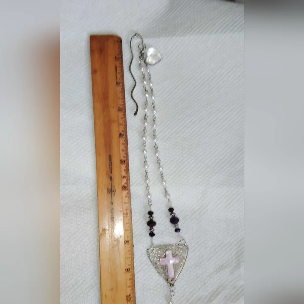 Pink and White Rosary Bookmark with Silver Tone Dove Charm Handmade